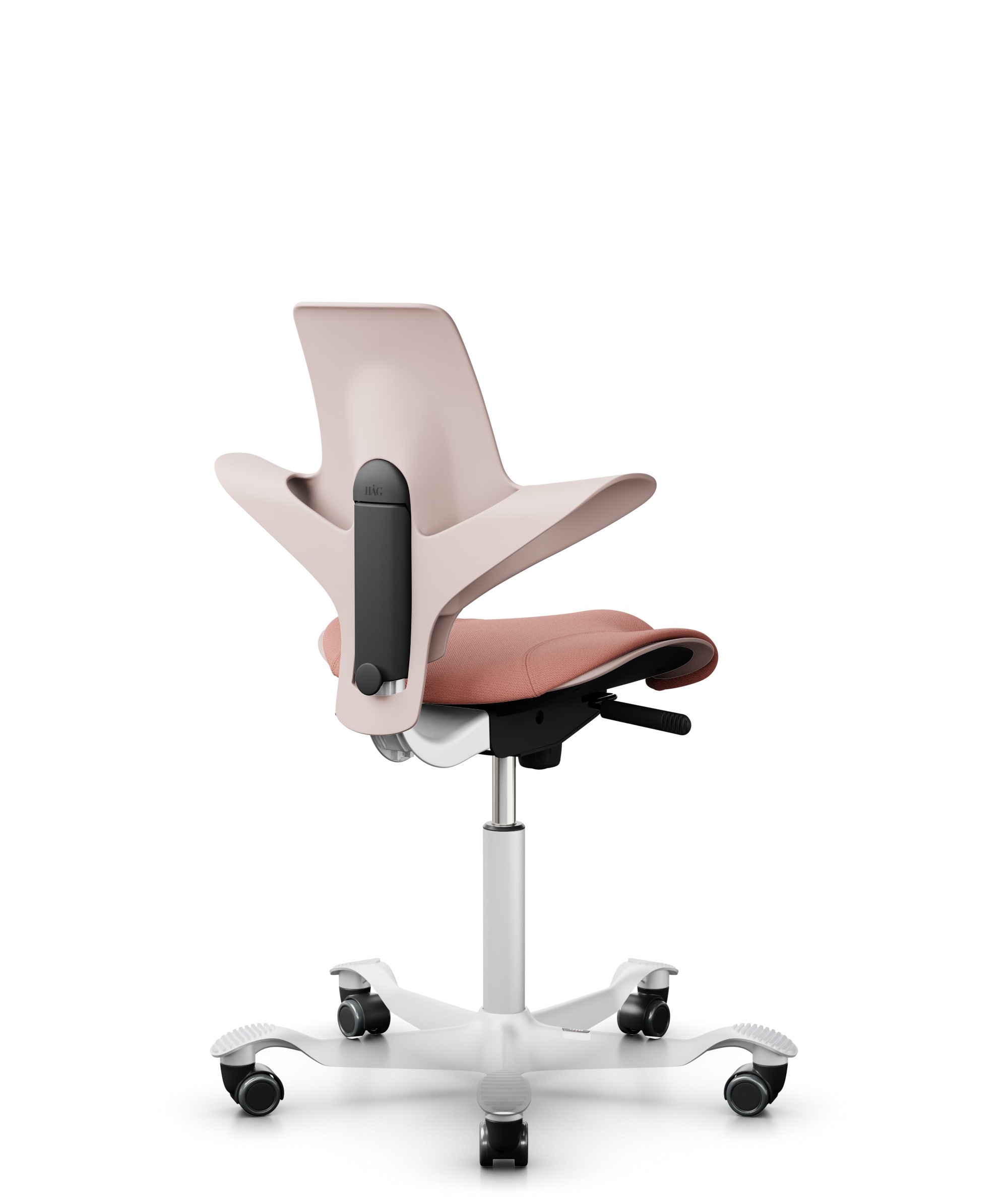 HAG Capisco 8020 Puls Drehstuhl Pink Gestell Weiss mit Sitzflächenmatte